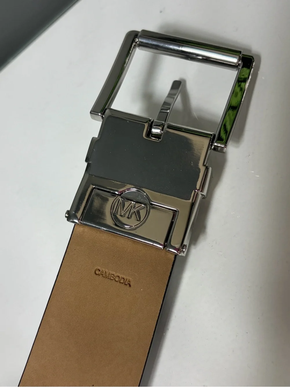 Michael Kors Gold MK Buckle All over Print Belt & Silver Buckle Solid Black Belt